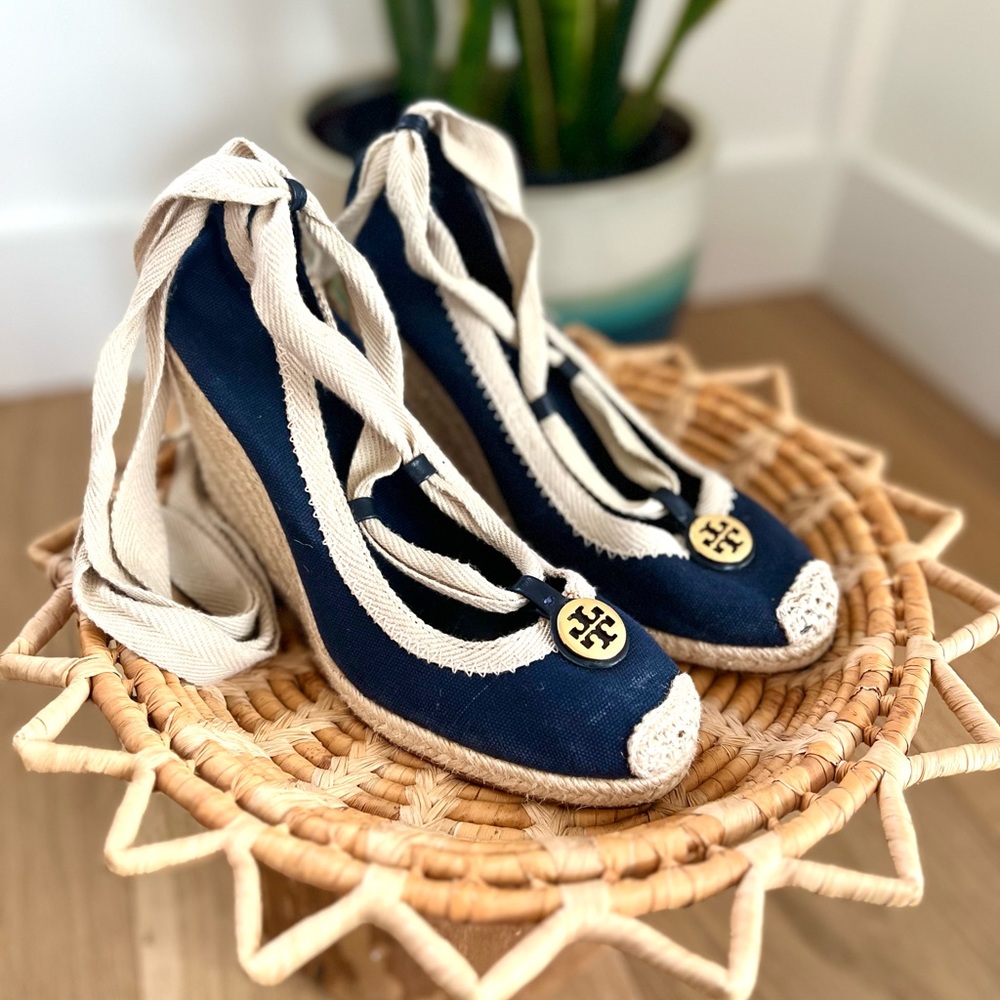 Tory Burch Cassie Wedge Espradrilles Navy Blue Size 7.5